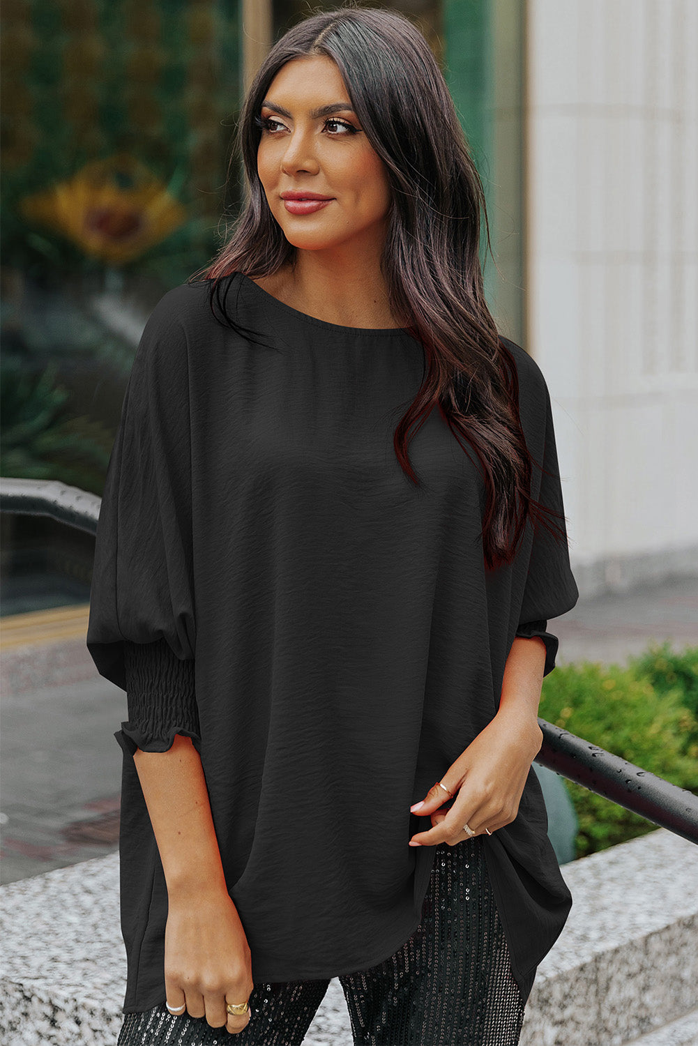 Pink Casual Shirred Cuffs Half Sleeve Top