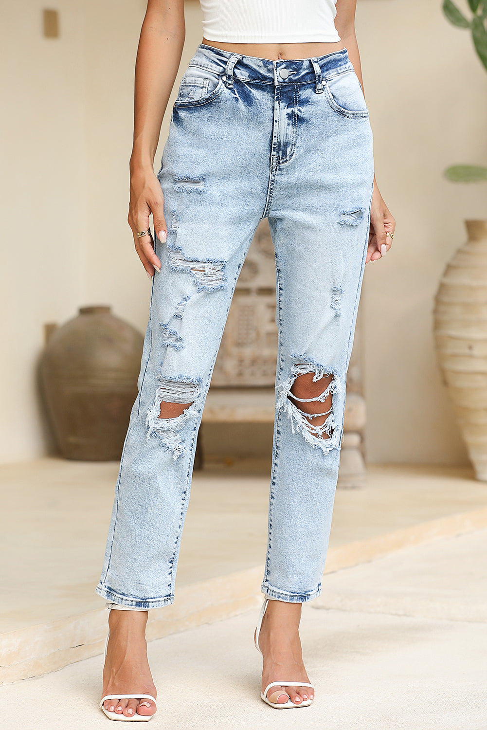Navy Blue Light Wash Frayed Slim Fit High Waist Jeans