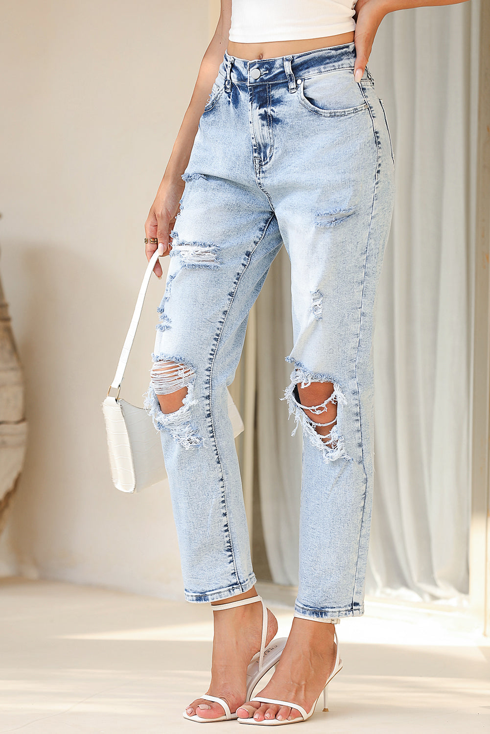 Navy Blue Light Wash Frayed Slim Fit High Waist Jeans