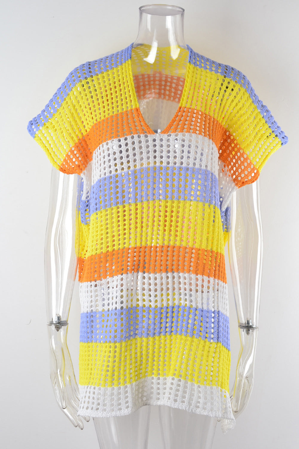 Skobeloff Striped Hollow Out Knit V Neck Tunic Cover Up