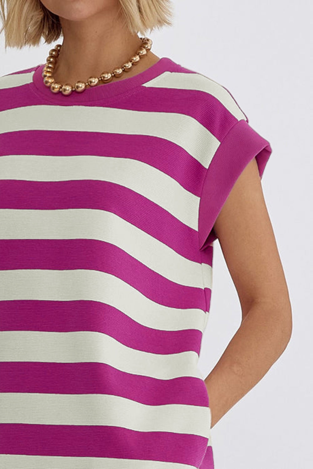 Rose Stripe Cap Sleeve Pocketed T-shirt Dress