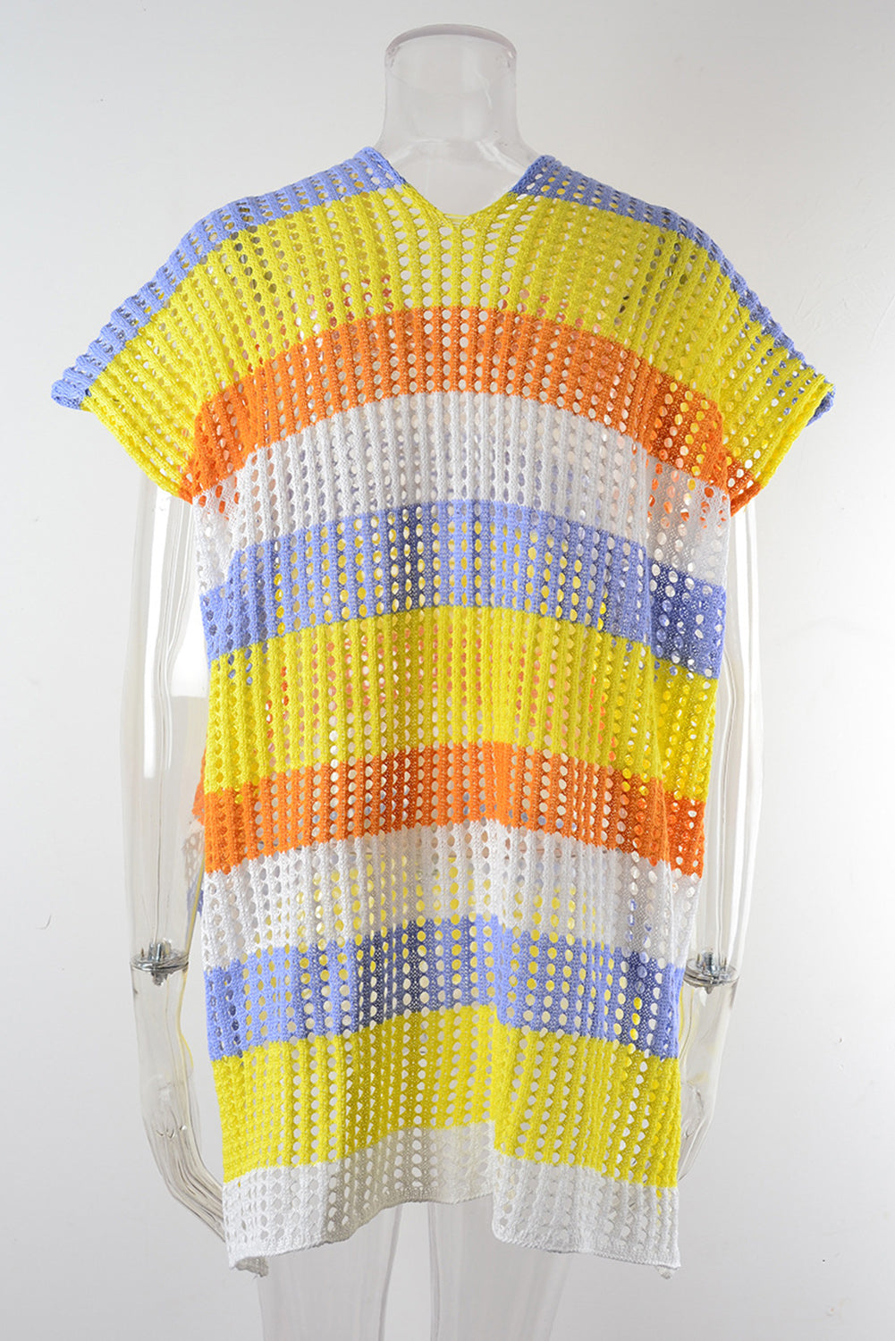 Skobeloff Striped Hollow Out Knit V Neck Tunic Cover Up