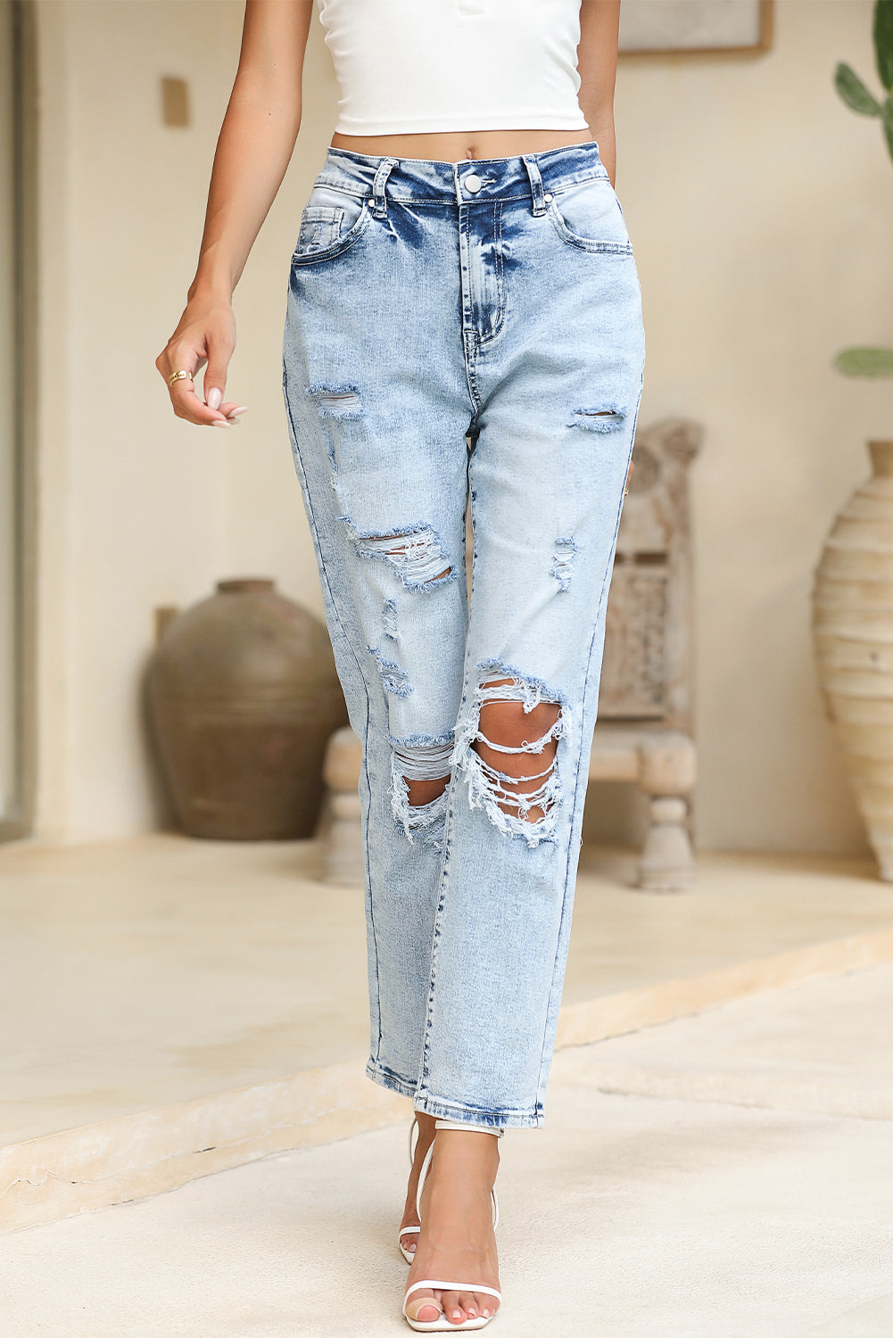 Navy Blue Light Wash Frayed Slim Fit High Waist Jeans