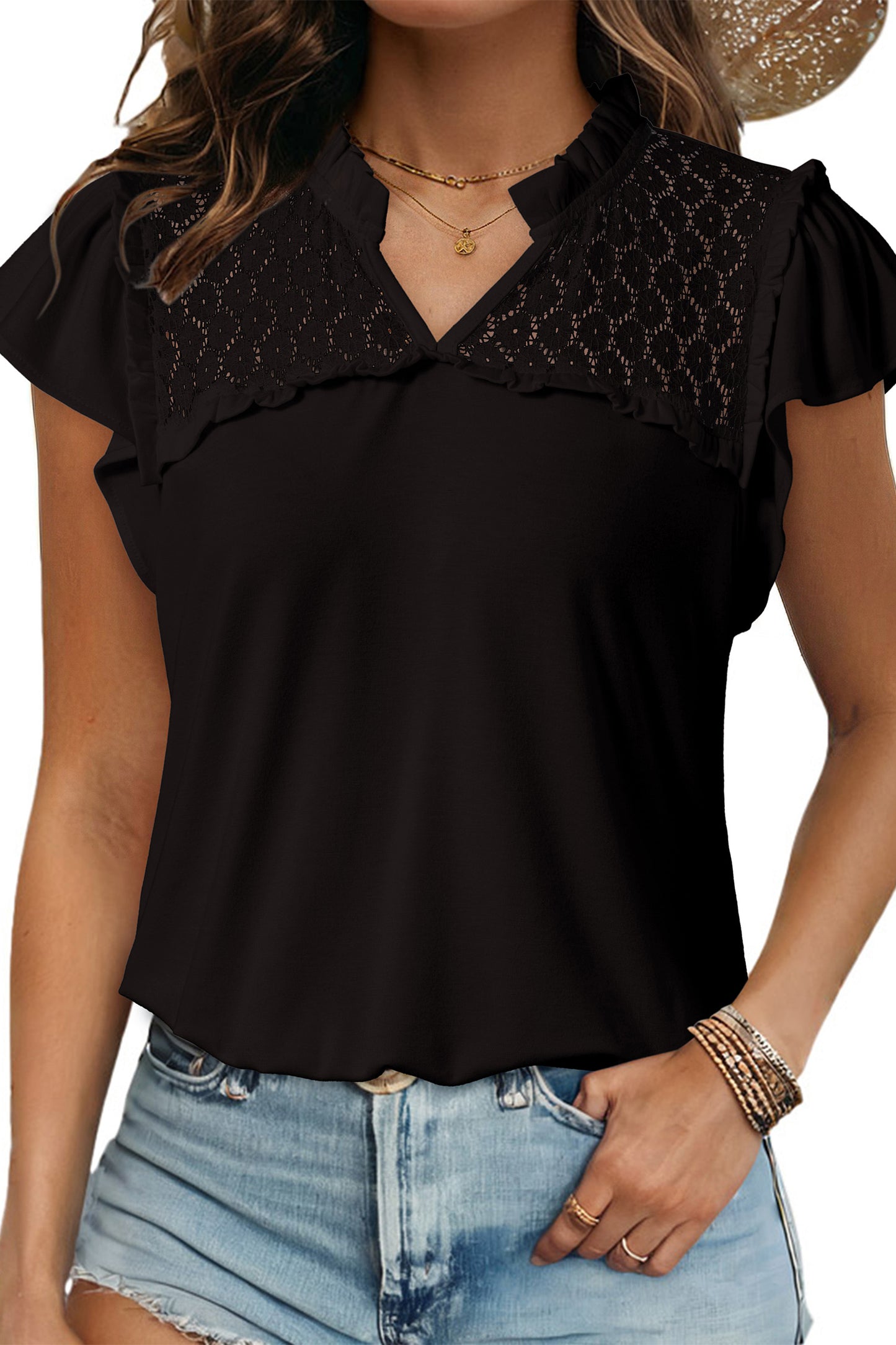 Dirty blue Sheer Lace Splicing Split Neck Ruffle Short Sleeve Blouse