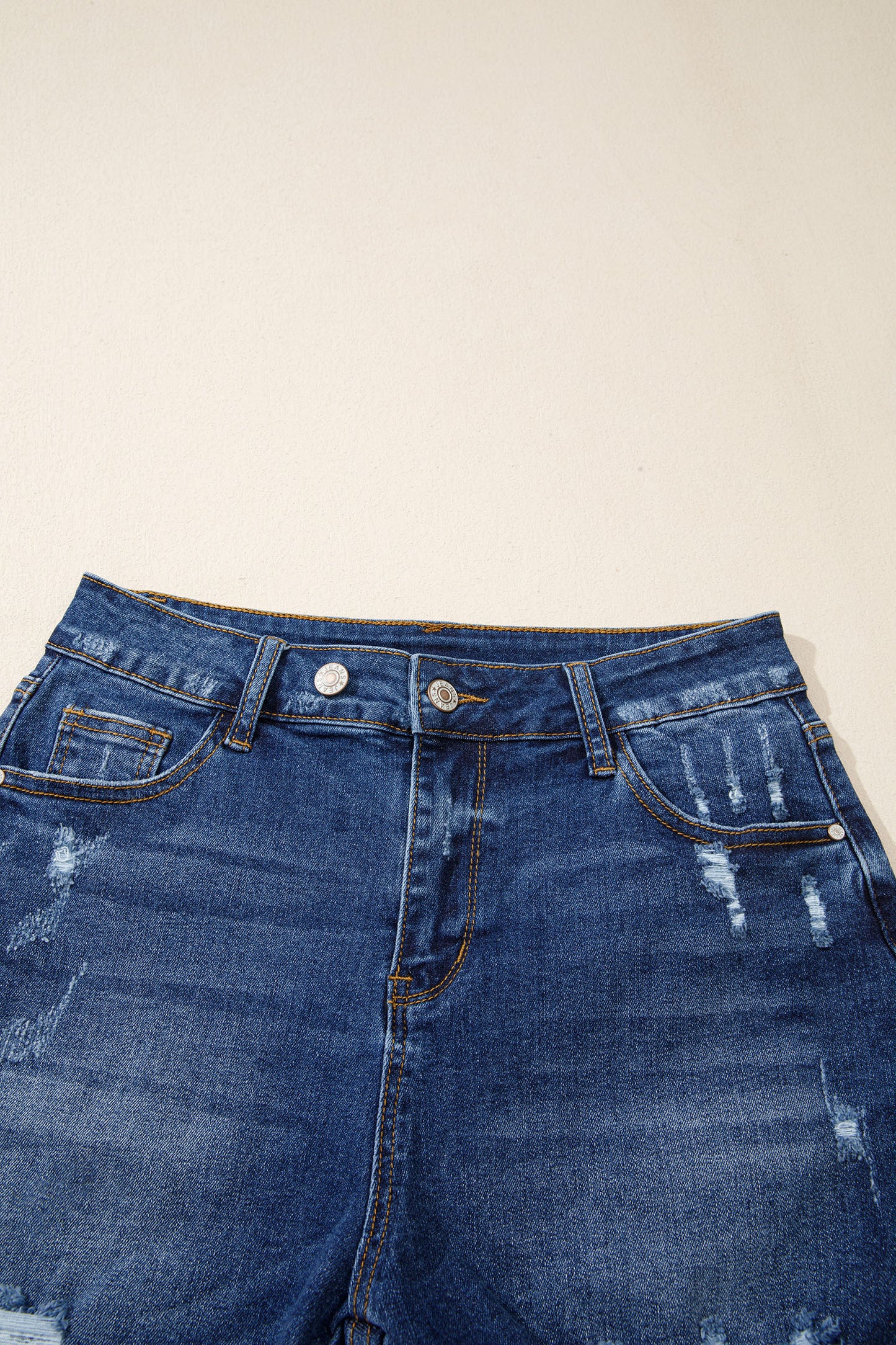 Beau Blue Asymmetric Raw Hem Distressed Whiskery Denim Shorts