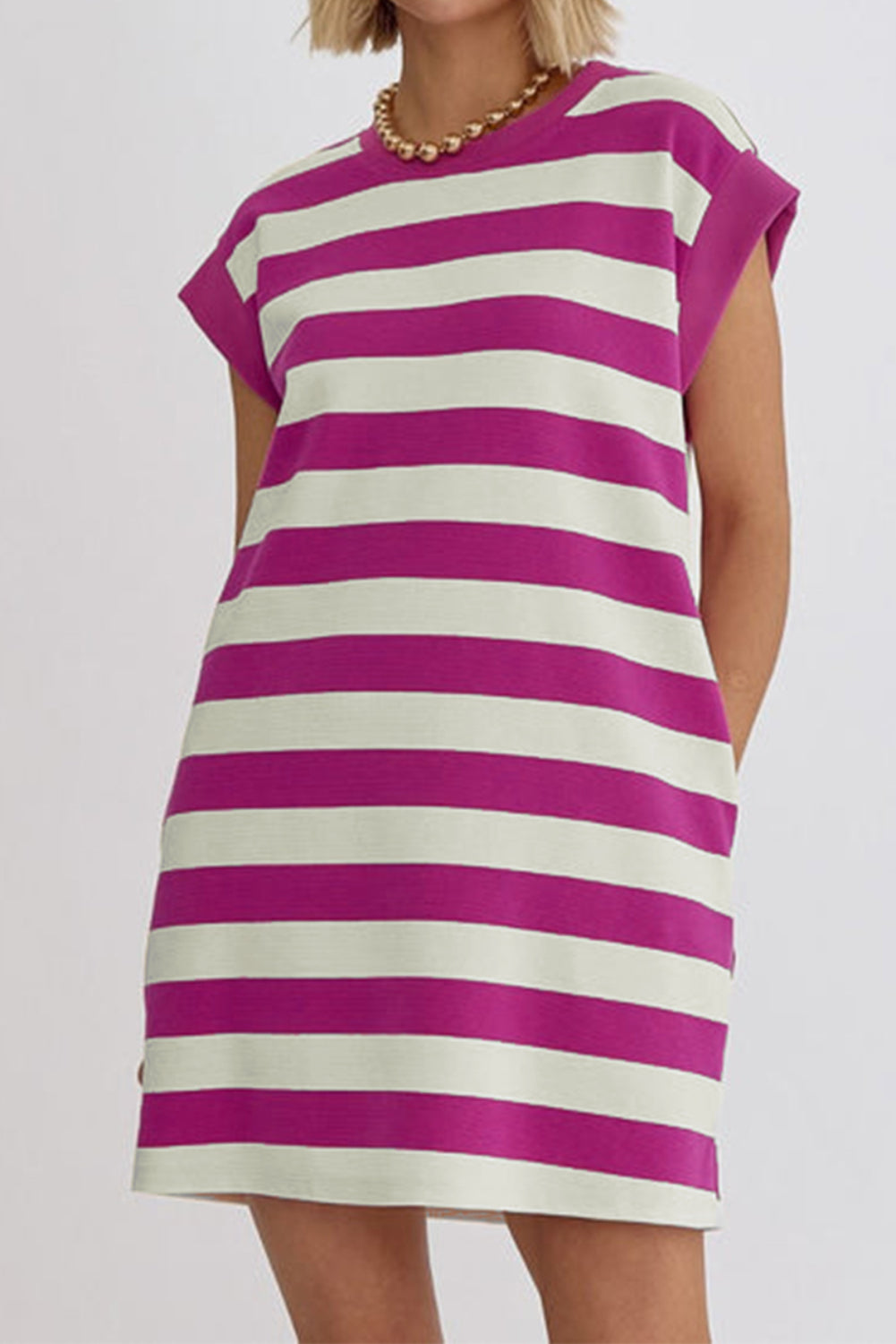 Rose Stripe Cap Sleeve Pocketed T-shirt Dress