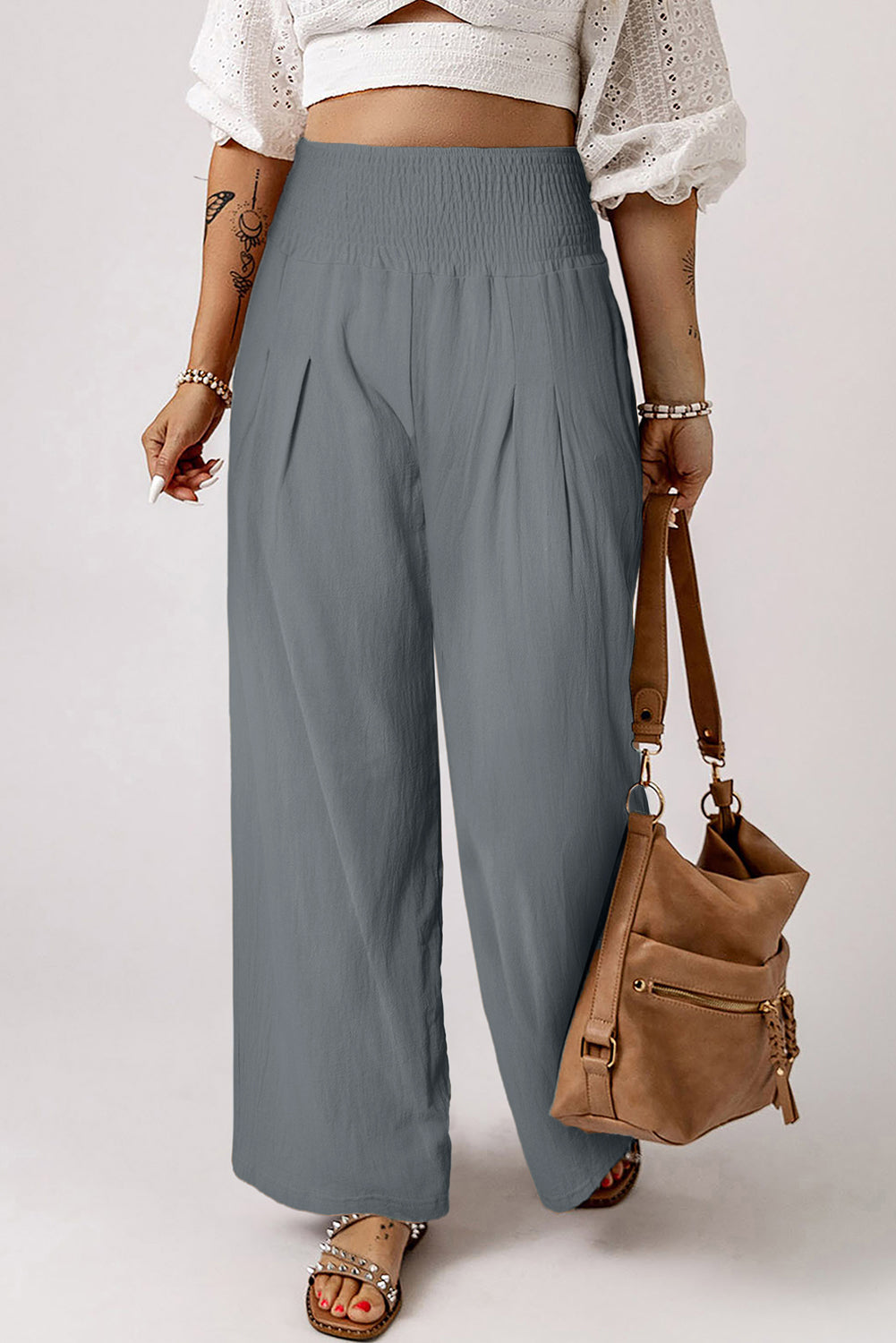 Gray Smocked Wide Waistband High Waist Wide Leg Pants