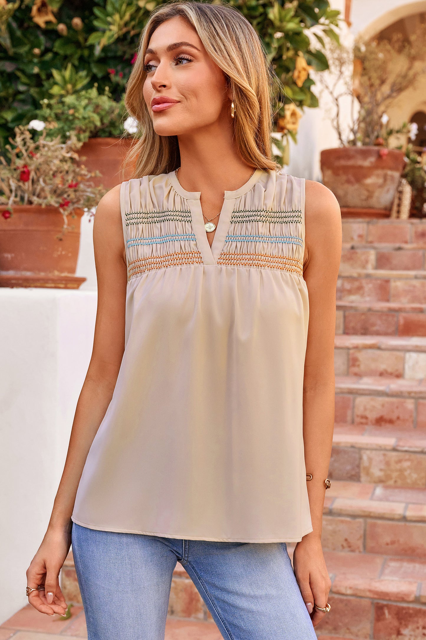 Jungle Green Shirred Contrast Stitch V Neck Sleeveless Shift Top