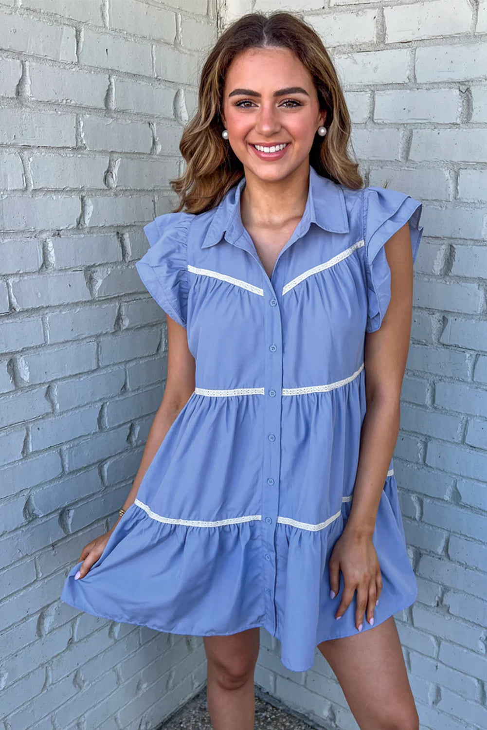 Wholesale Sky Blue Collared Ruffle Tiered Babydoll Dress