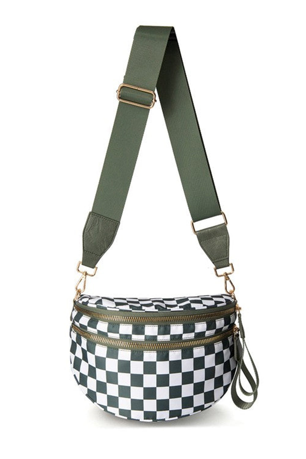 Black Checkered Print Wide Strap Large Crossbody Bag