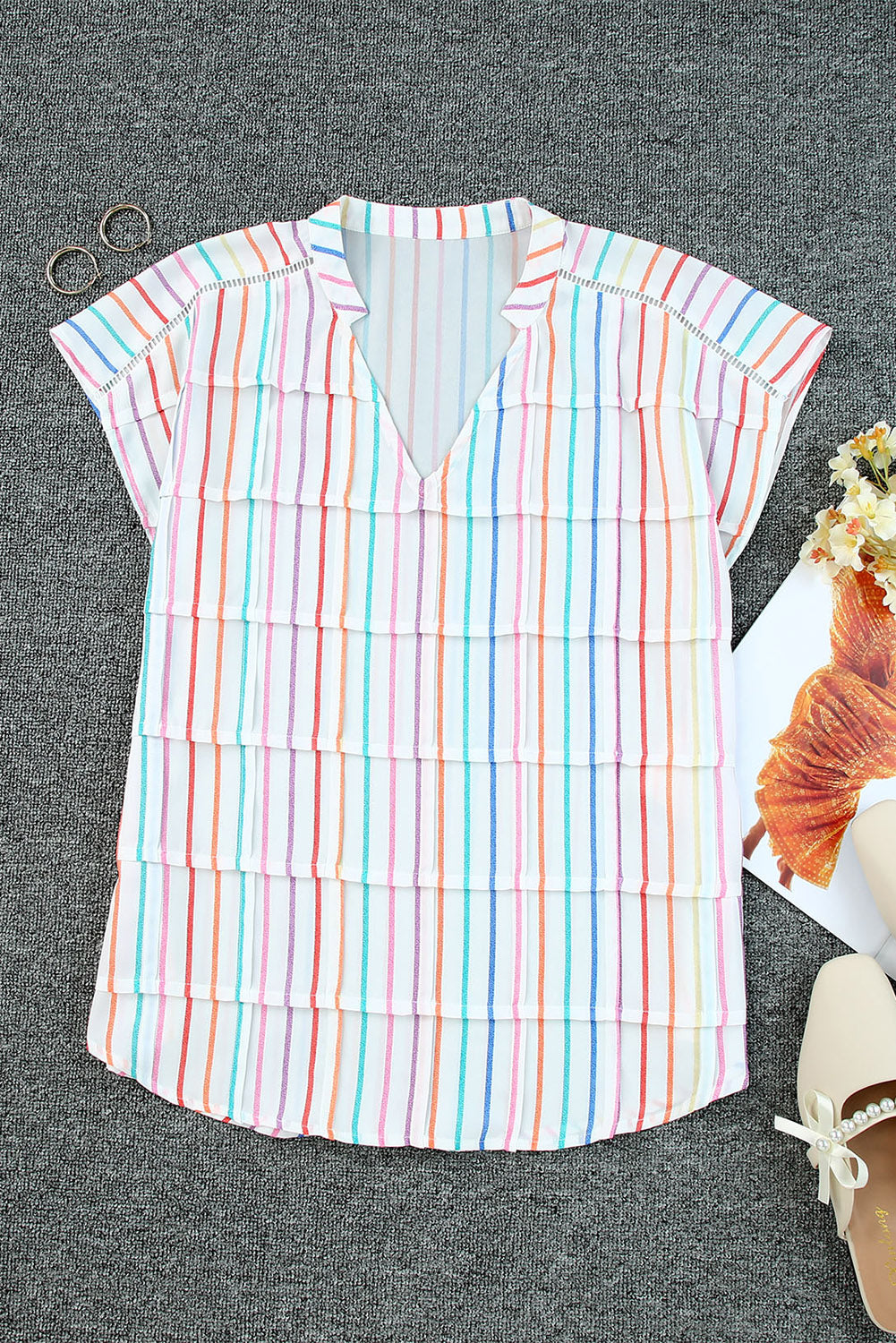 Multicolor Striped Print V Neck Cap Sleeve Blouse