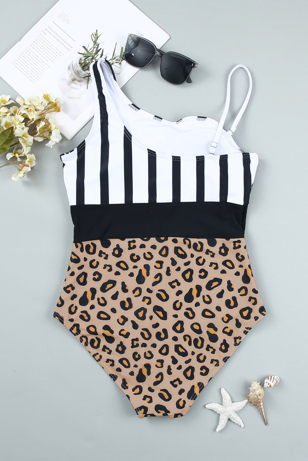 Leopard Striped Colorblock Asymmetrical Sleeveless One Piece Swimsuit