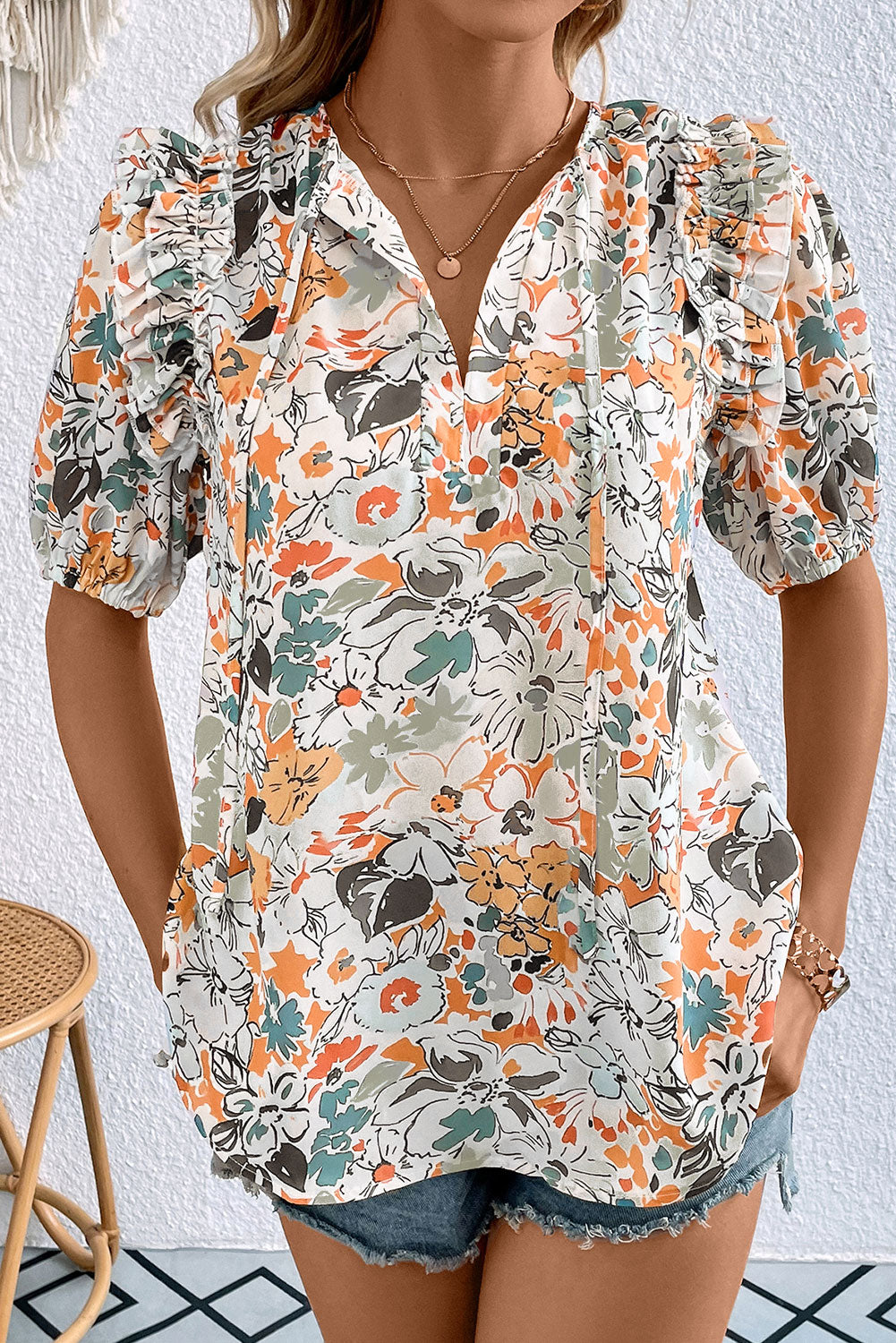 Multicolor Split V Neck Puff Sleeve Floral Print Blouse