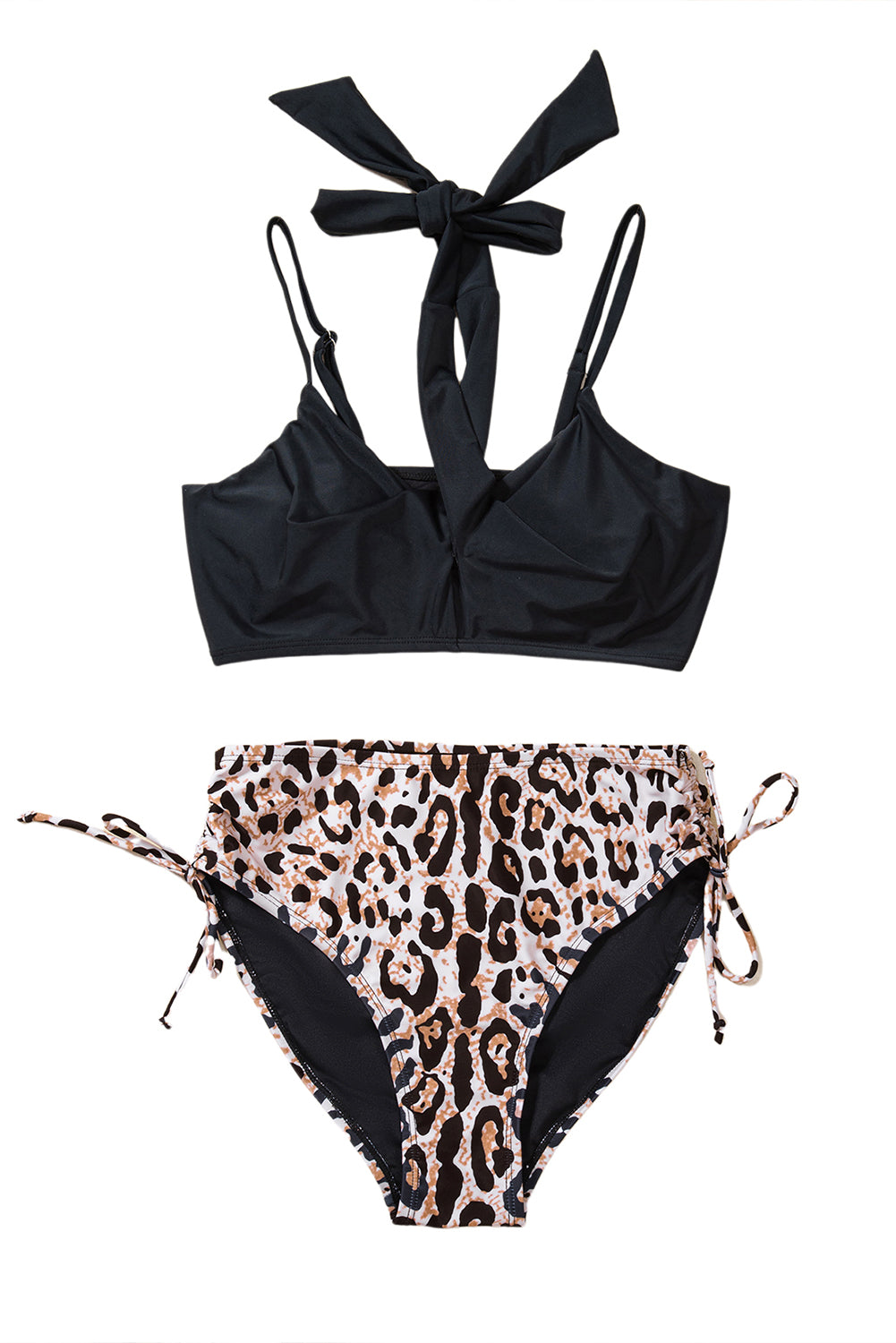 Black Crossed Tie Back Leopard Bikini Swimsuit