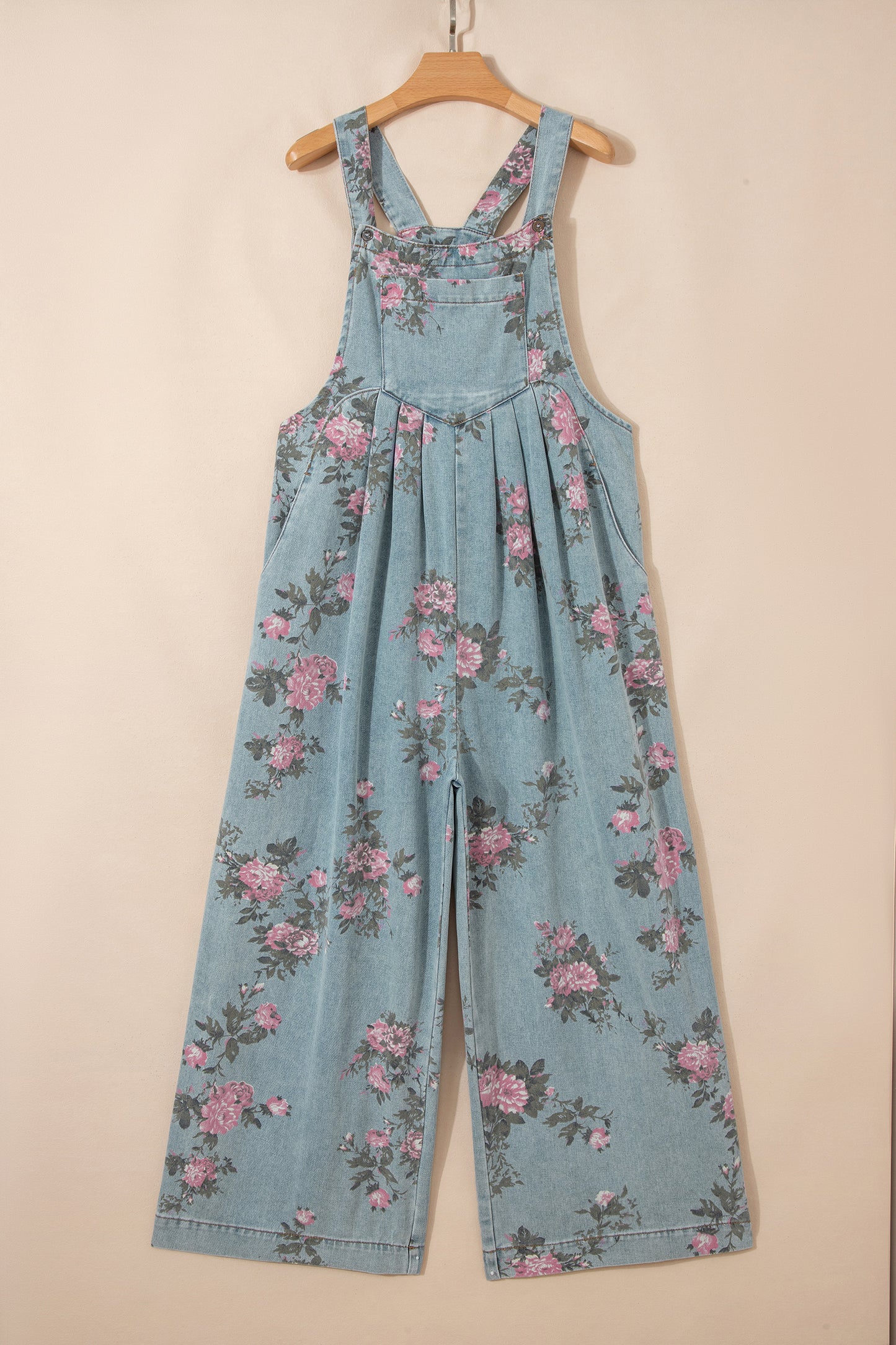 Blue Beau Floral Print Pleated High Waist Wide Leg Denim Jumpsuit