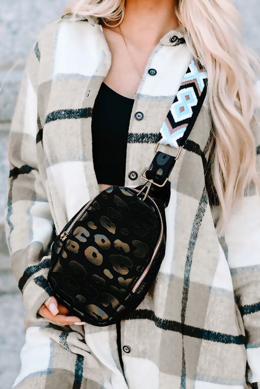 Black Leopard Geometric Print Strap Zip Crossbody Bag