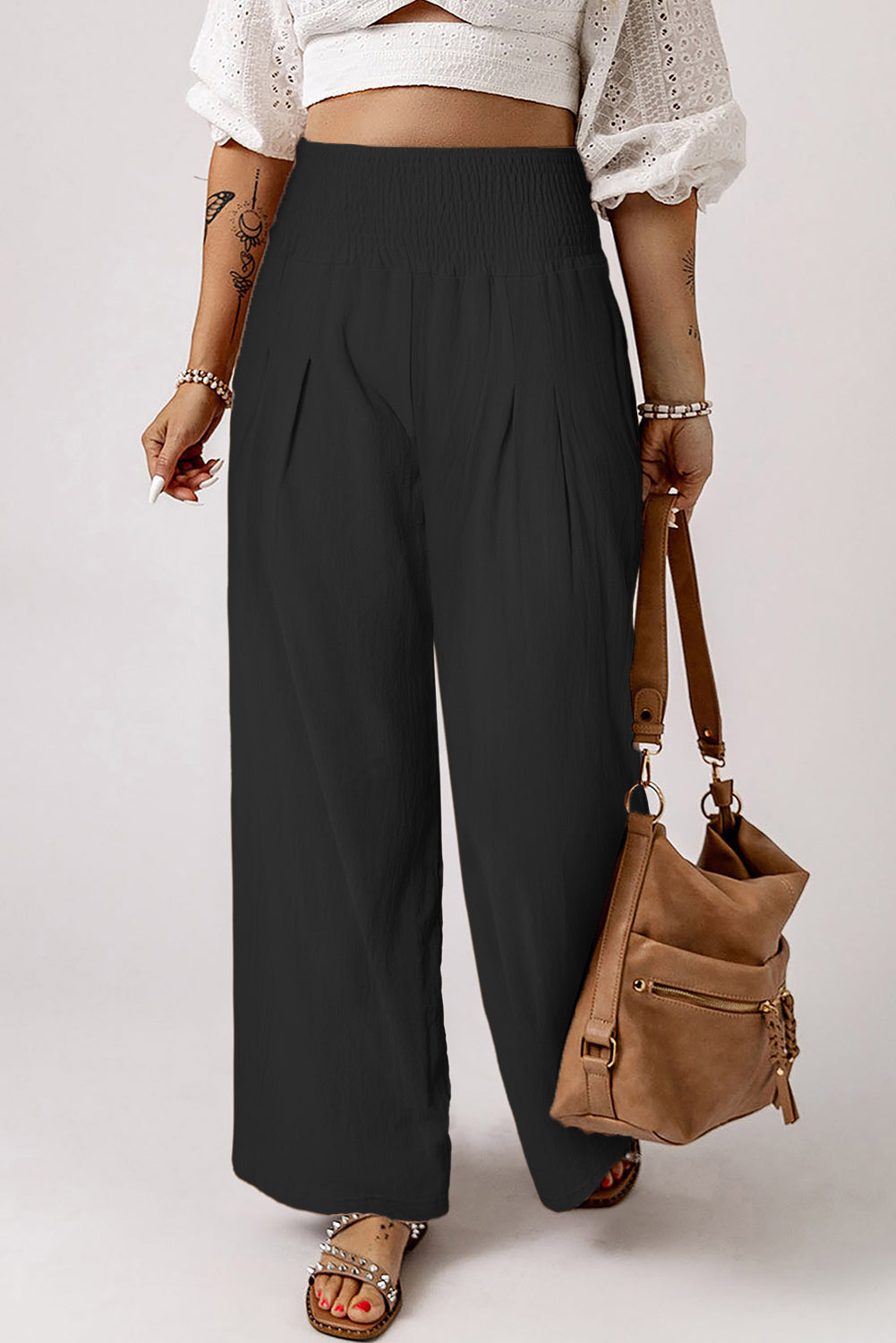 Gray Smocked Wide Waistband High Waist Wide Leg Pants