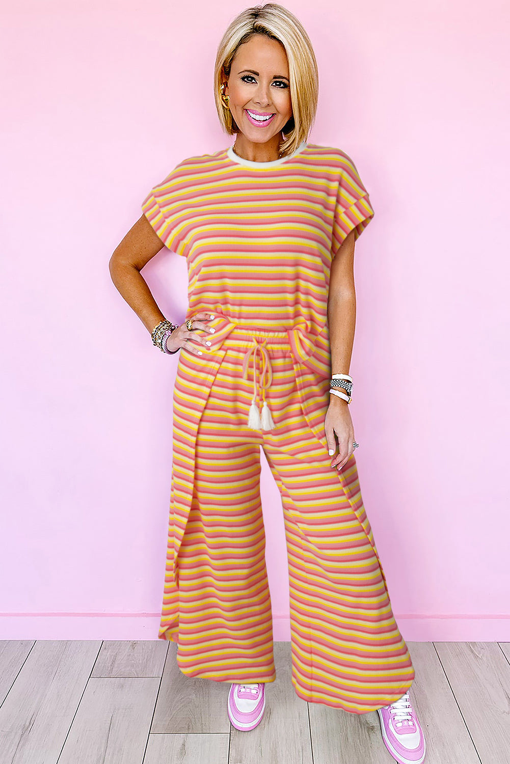 Pink Stripe Rainbow Tee and Tassel Drawstring Wide Leg Pants Set