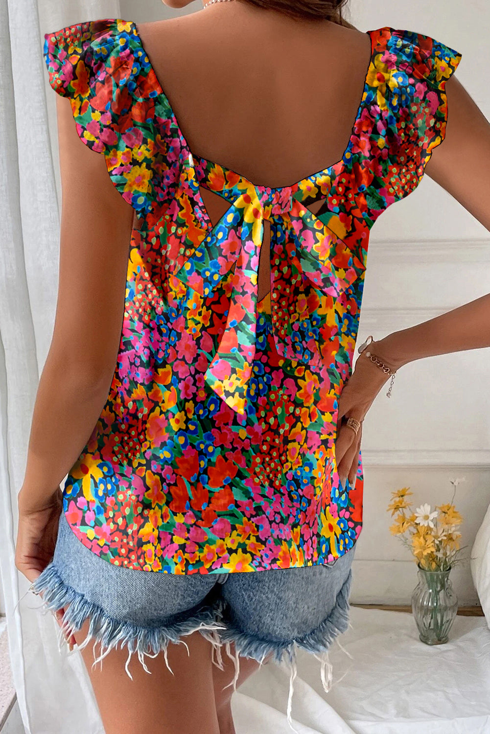 Multicolor Boho Floral Print Ruffle Sleeveless Blouse