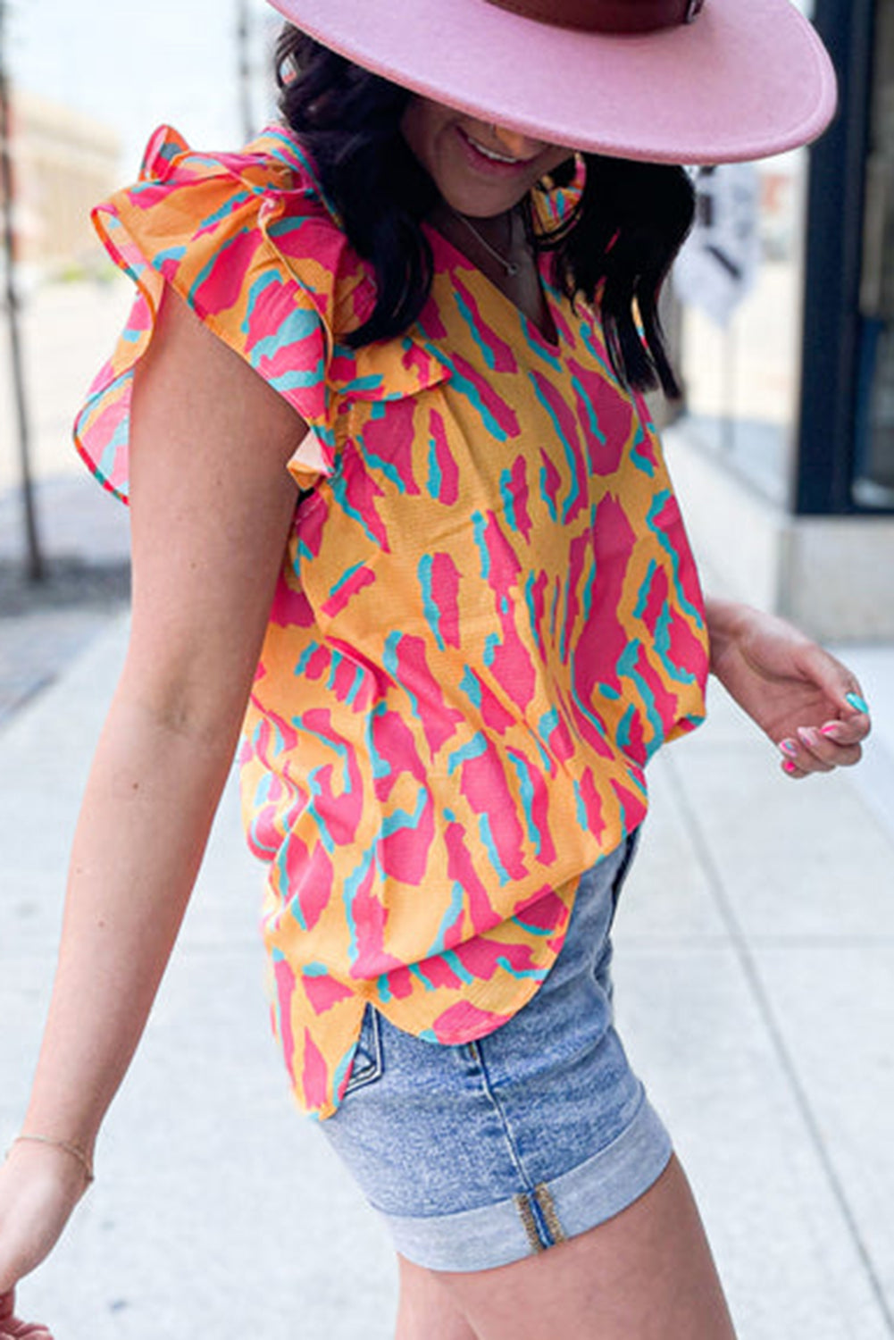 Orange Abstract Print V Neck Ruffled Sleeve Blouse