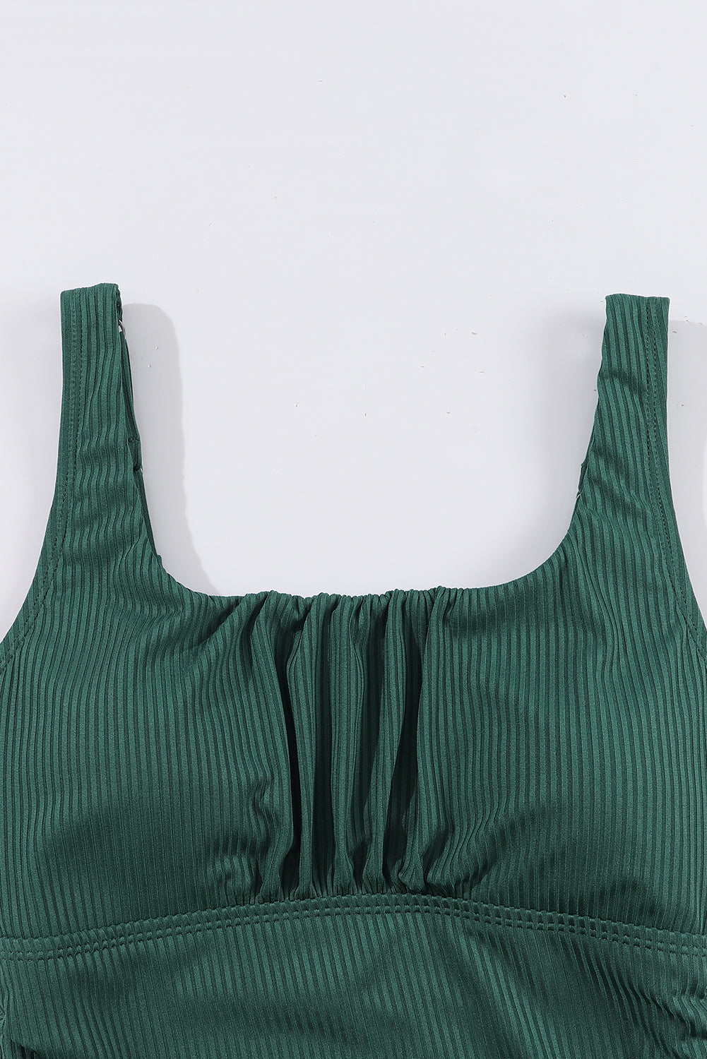 Blackish Green Ruched U Neck Backless Ribbed Tankini Set