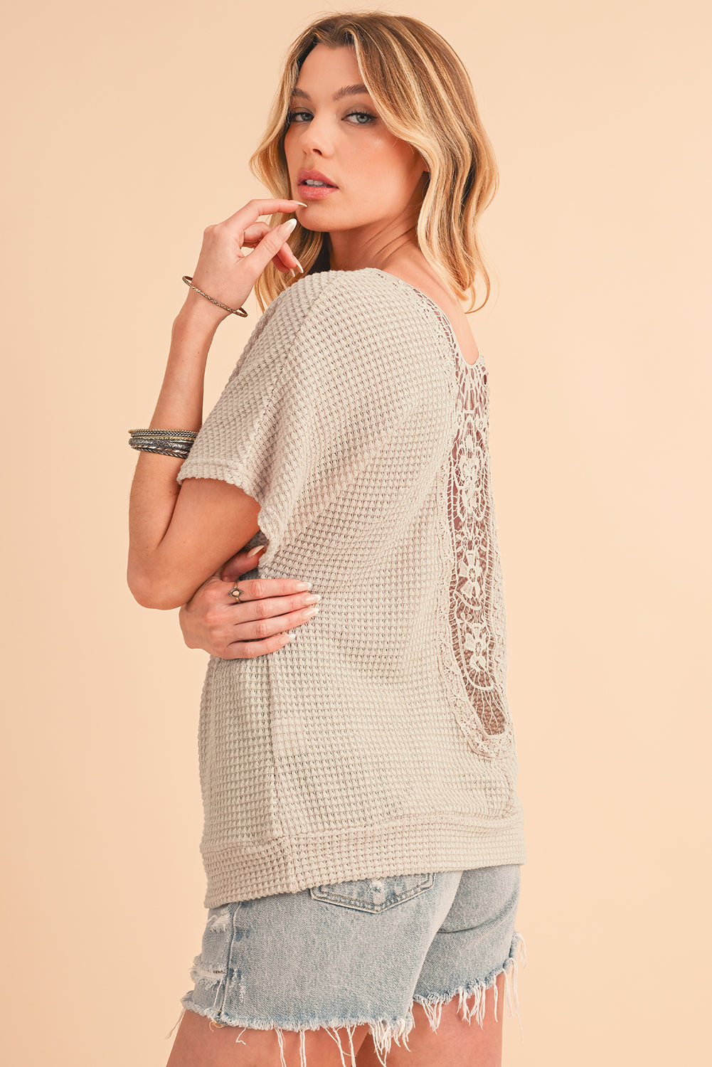 Oatmeal Guipure Lace Splicing Back Waffle Textured T-shirt