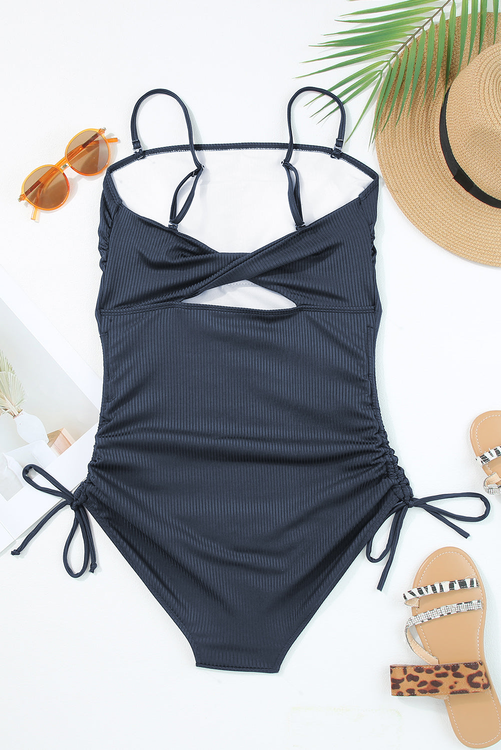 Navy Blue Side Drawstring Cutout Ribbed One Piece Swimsuit