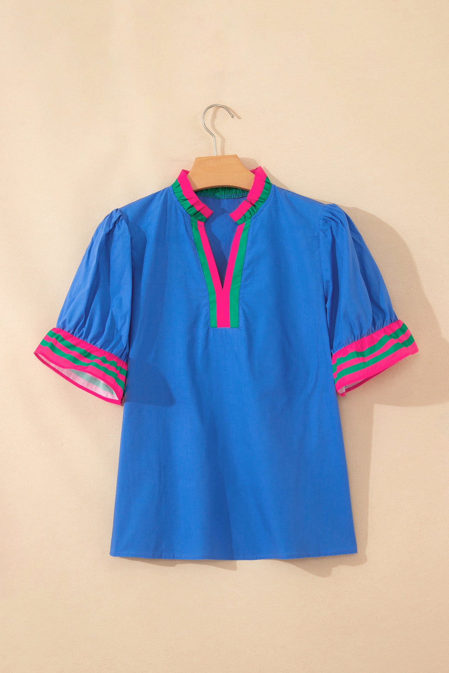 Fiery Red Striped Frilled Collar Ruffled Short Sleeve Blouse