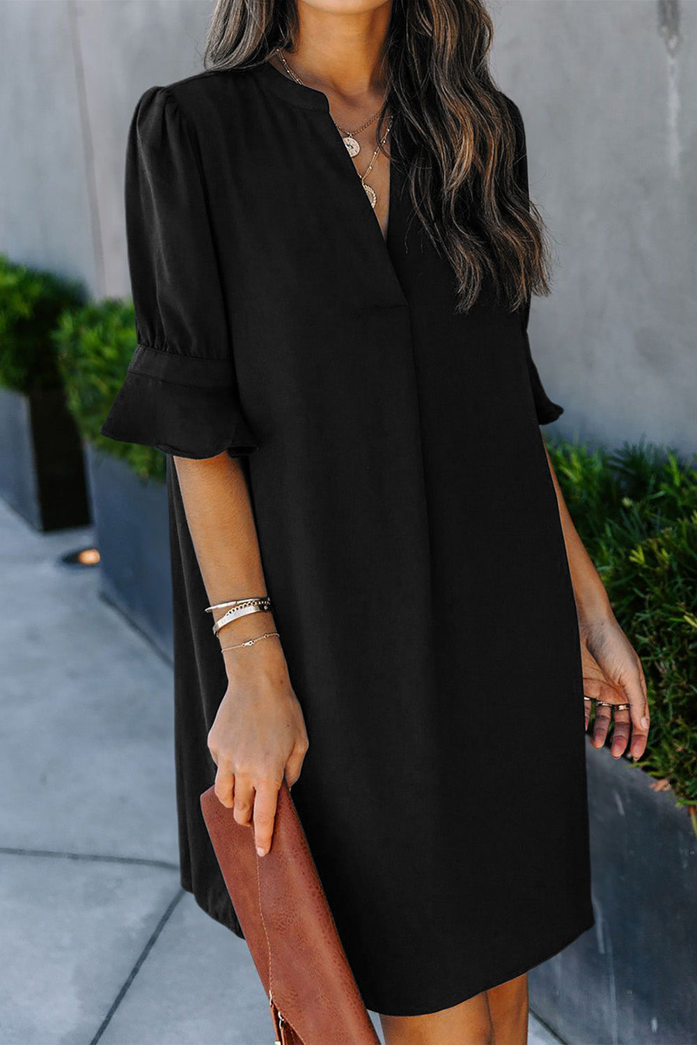 Black Split V Neck Short Sleeve Casual Tunic Dress