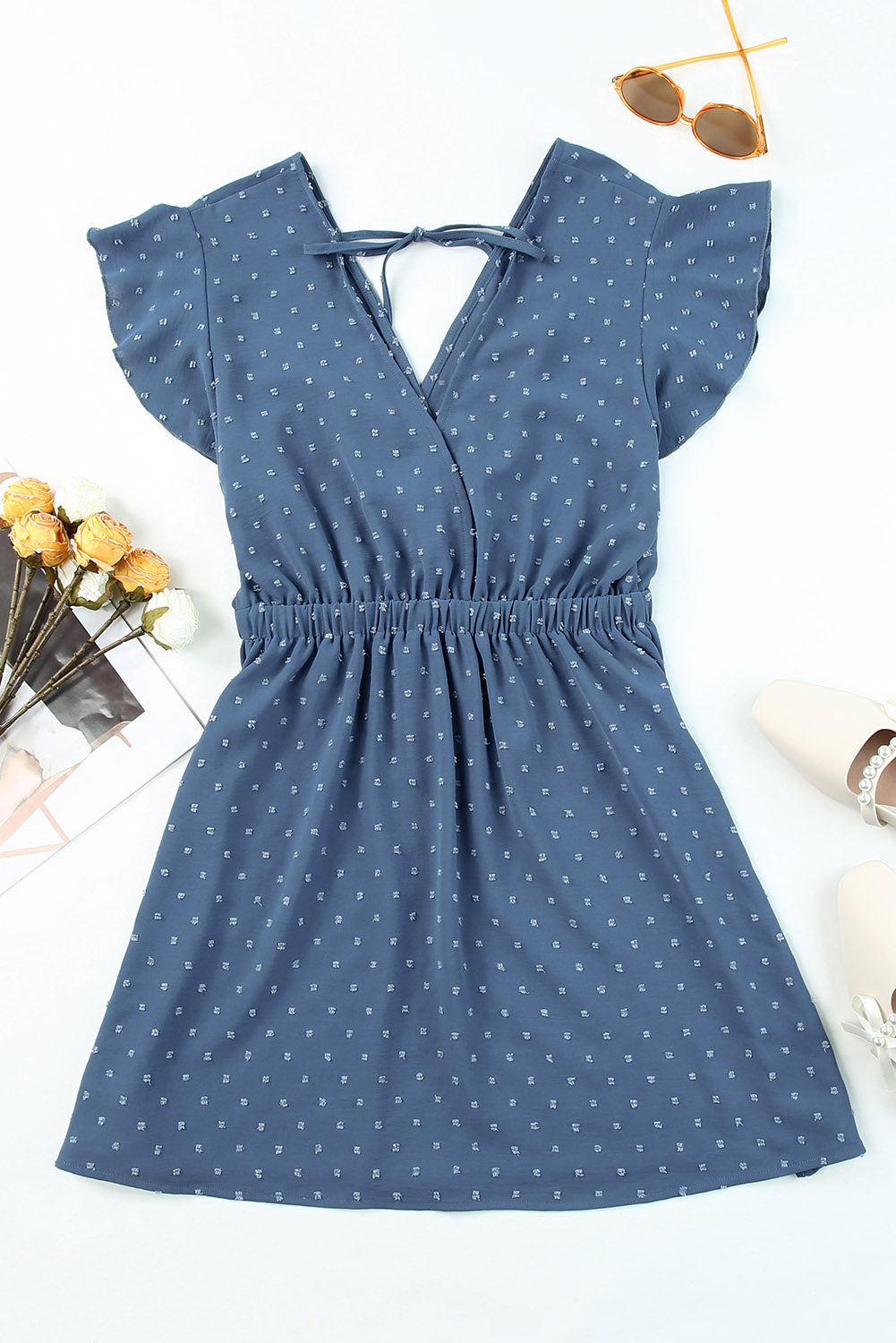 Sky Blue Swiss Dot V Neck Wrap Beach Dress