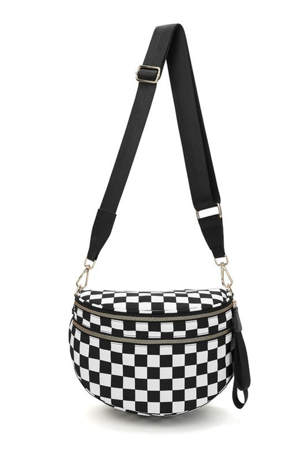 Black Checkered Print Wide Strap Large Crossbody Bag