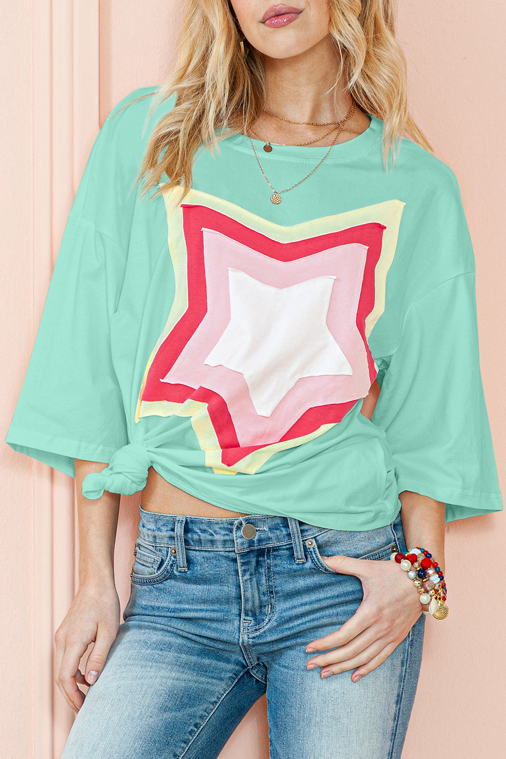 Moonlight Jade Colorblock Star Patched Half Sleeve Oversized Tee