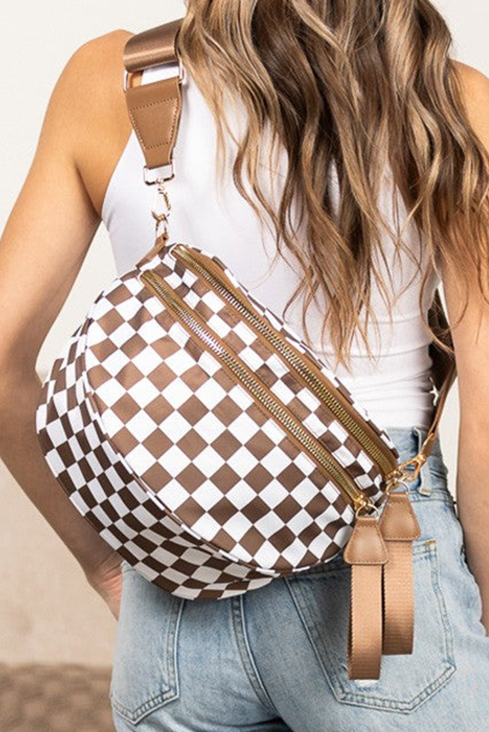 Black Checkered Print Wide Strap Large Crossbody Bag