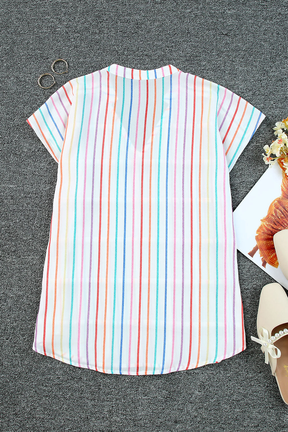 Multicolor Striped Print V Neck Cap Sleeve Blouse