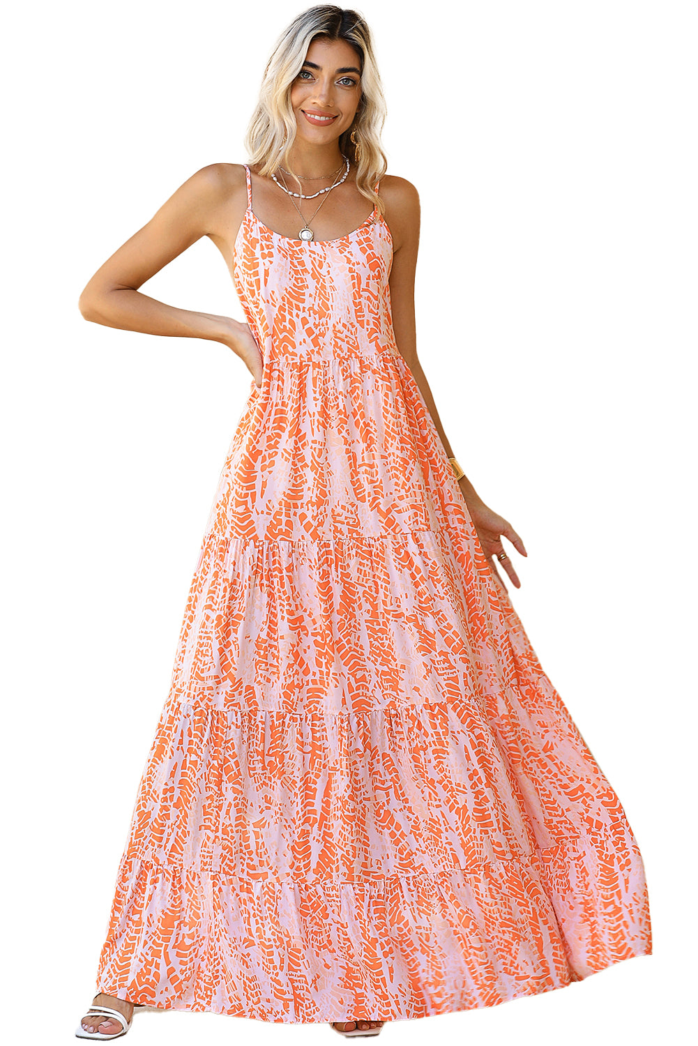 Orange Abstract Print Backless Tiered Maxi Dress