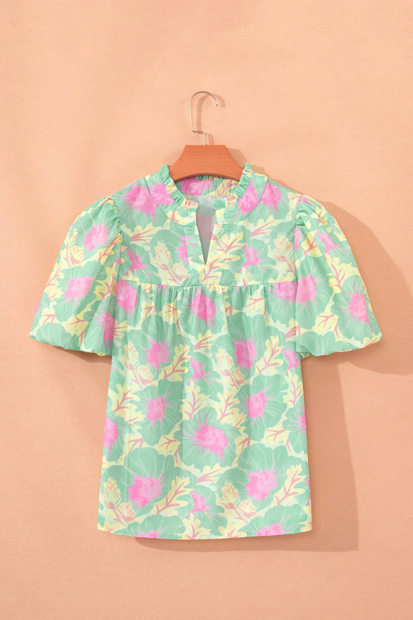 Pink Short Bubble Sleeve Summer Floral Blouse