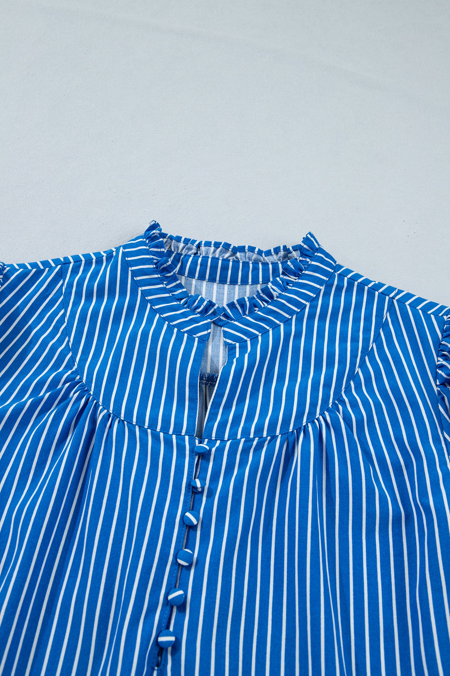 Red Stripe Ruffled Short Puff Sleeve Button Front Blouse