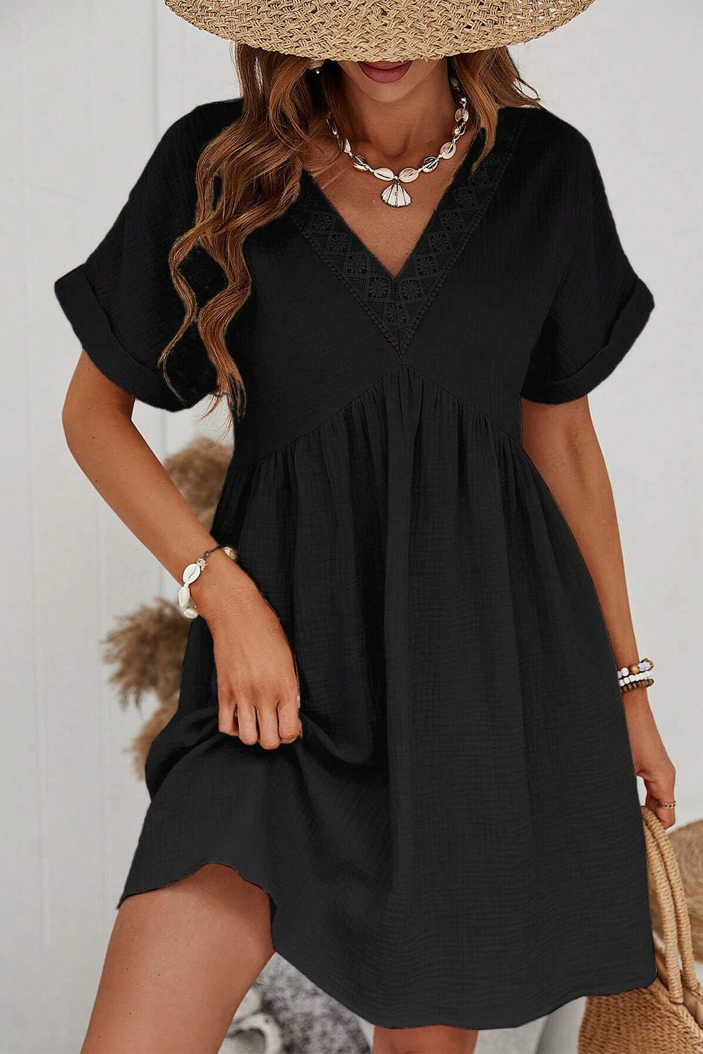 Wholesale Black Folded Short Sleeve Lace V Neck Mini Dress