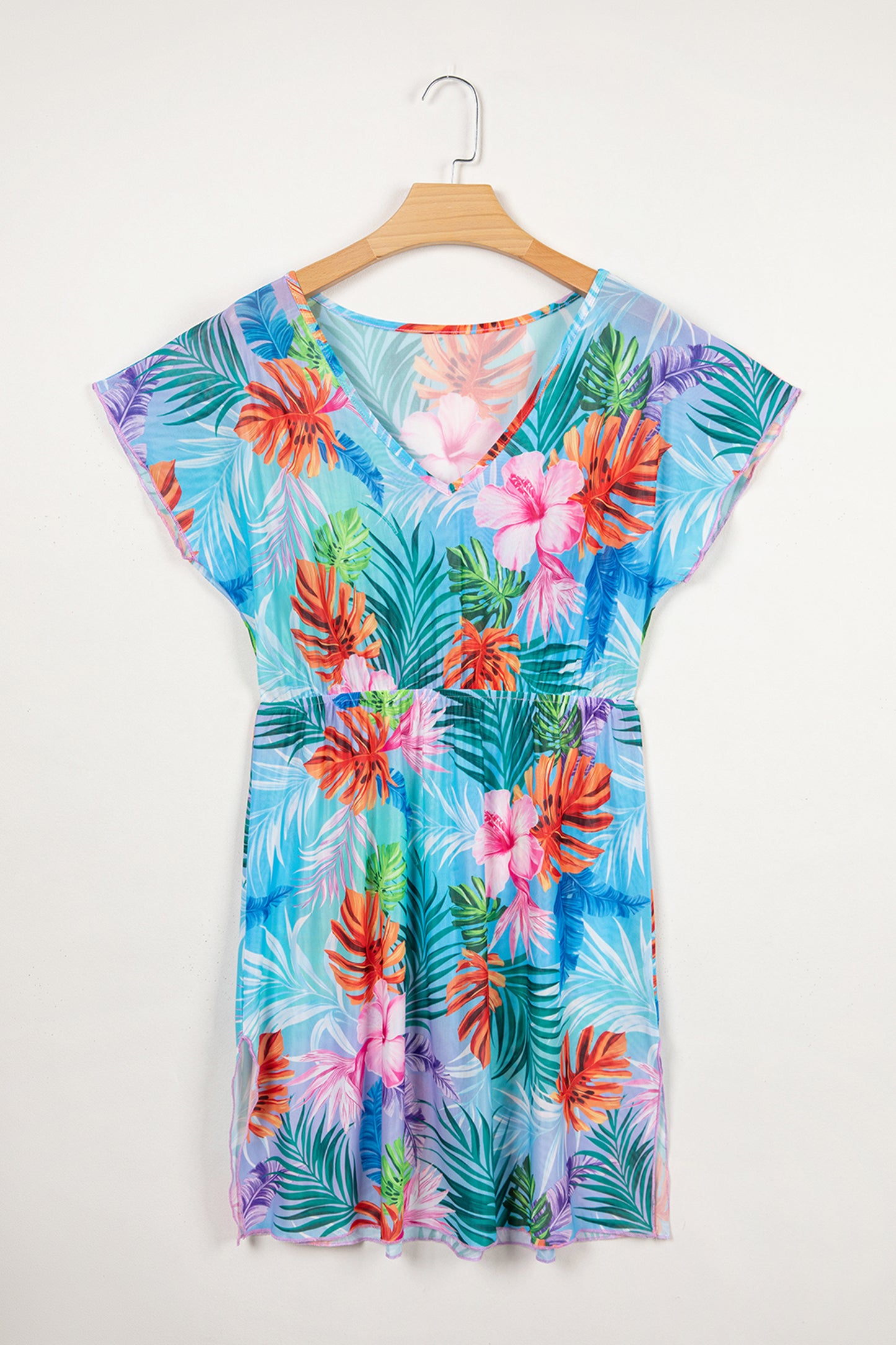 Rose Floral Print V Neck Semi Sheer Beach Cover Up Dress
