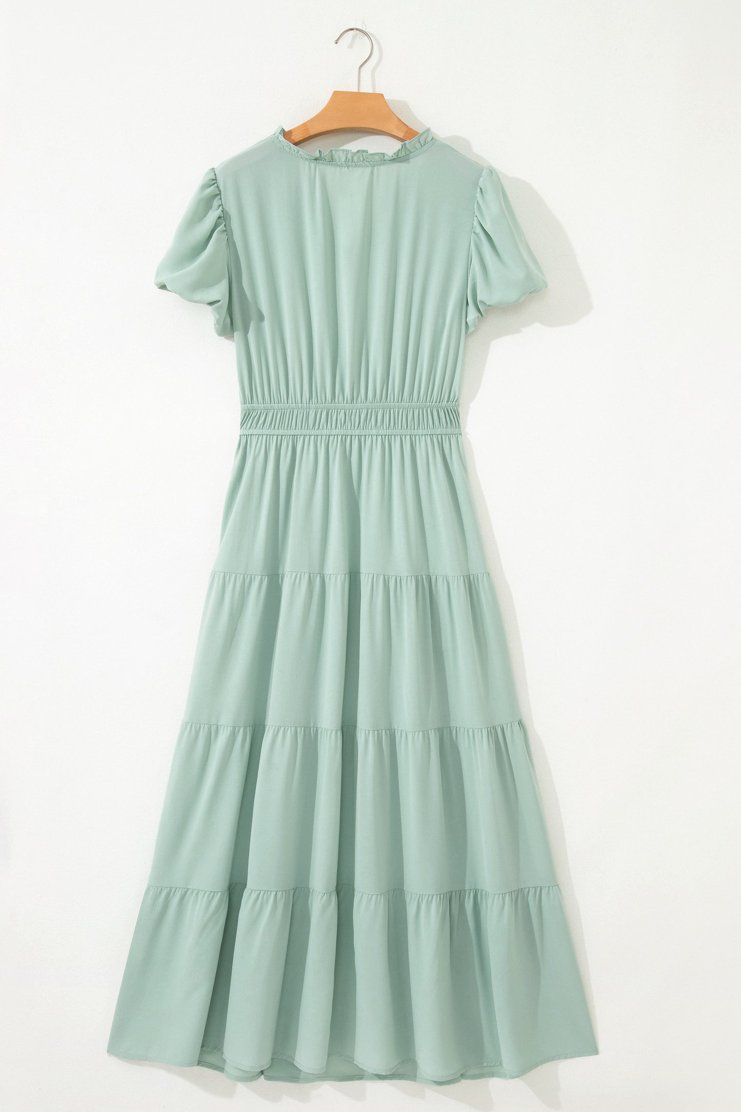 Lavendula Solid Color V Neck Short Puff Sleeve High Waist Tiered Maxi Dress