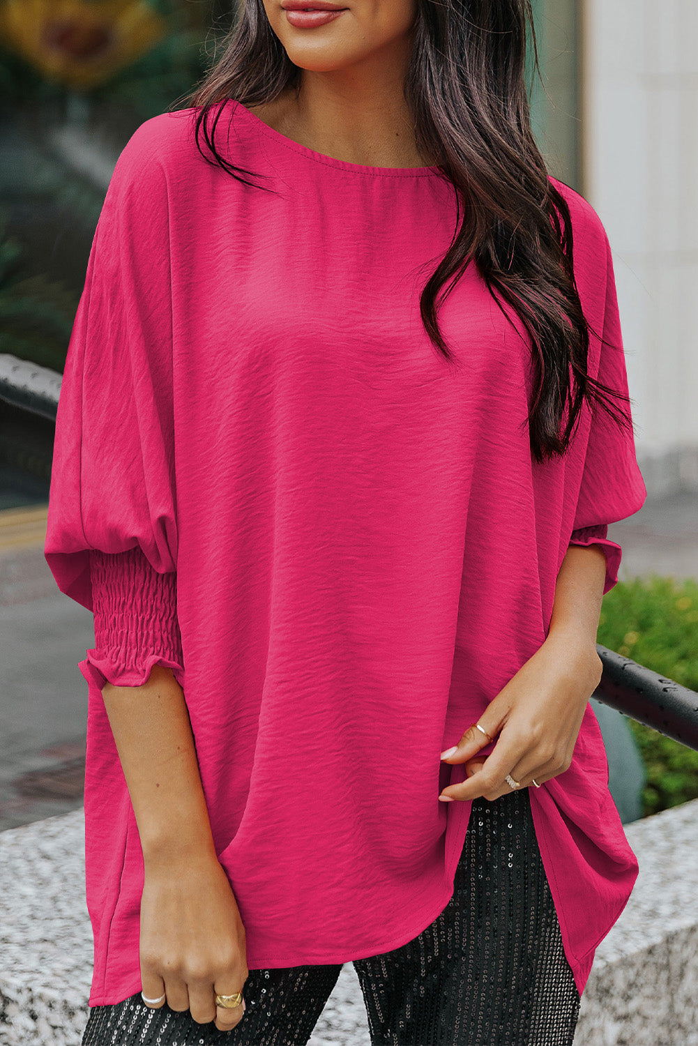 Pink Casual Shirred Cuffs Half Sleeve Top