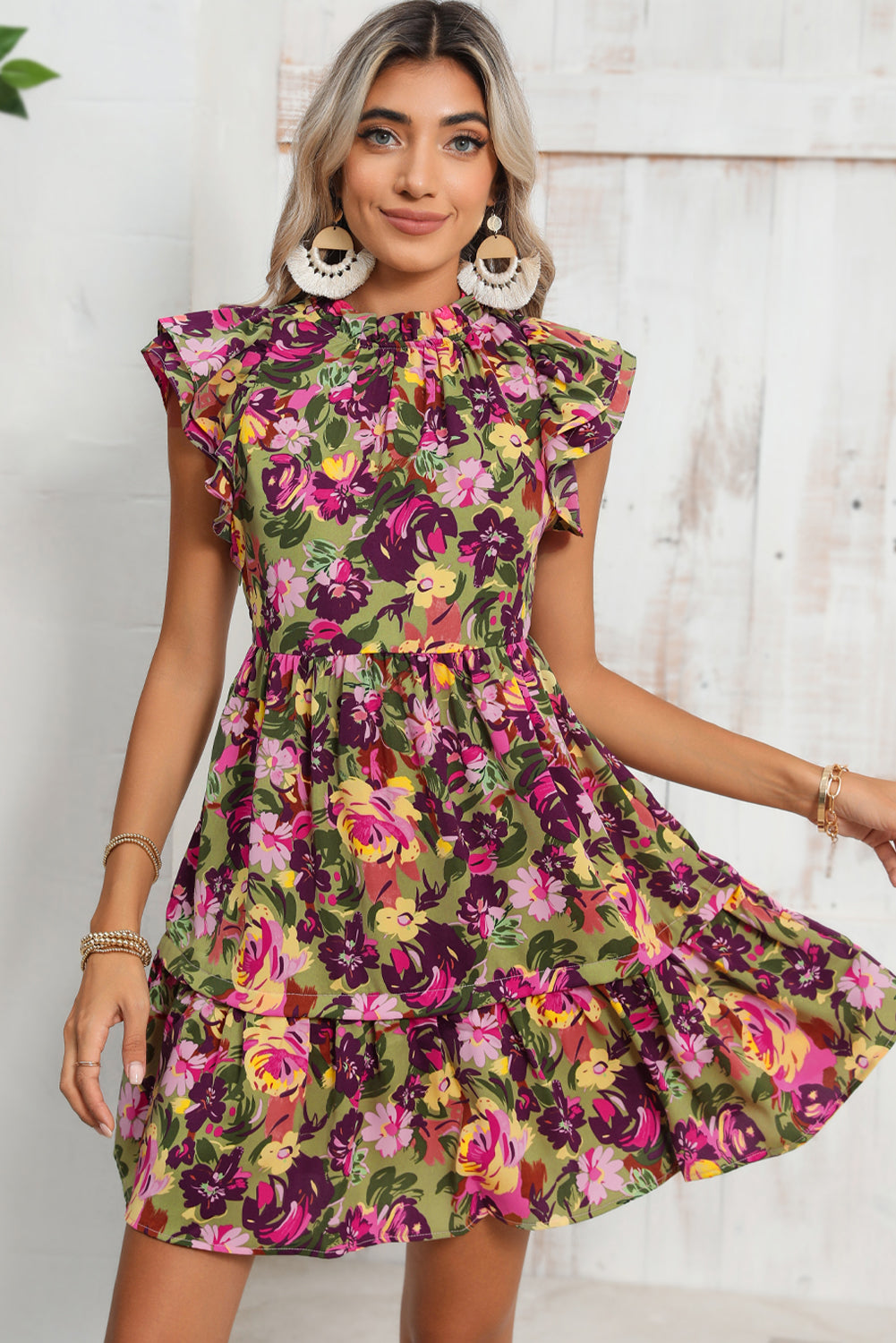 Green Floral Print Flutter Shoulder Ruffled Mini Dress