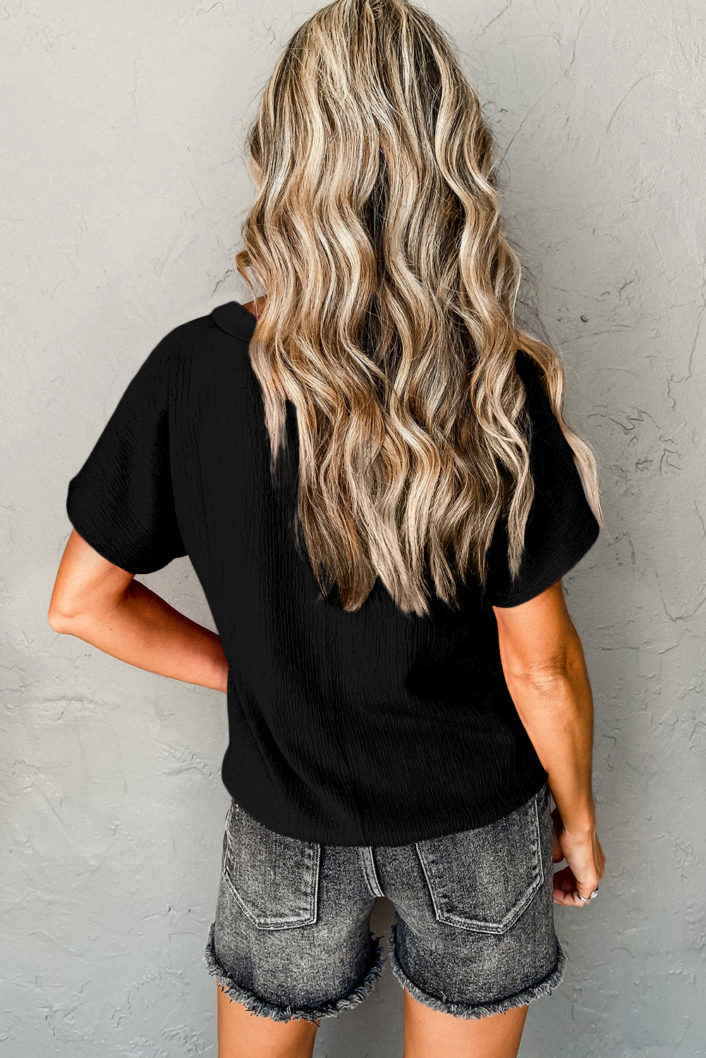 Black Plain Crinkled V Neck Short Sleeve Blouse