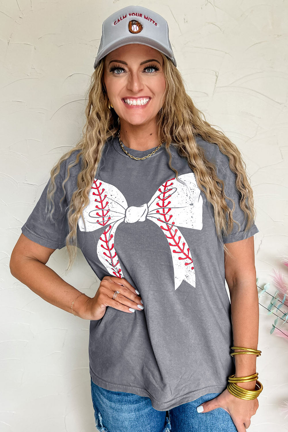 Gray Casual Baseball Bowknot Graphic Roll Up Sleeve Tee