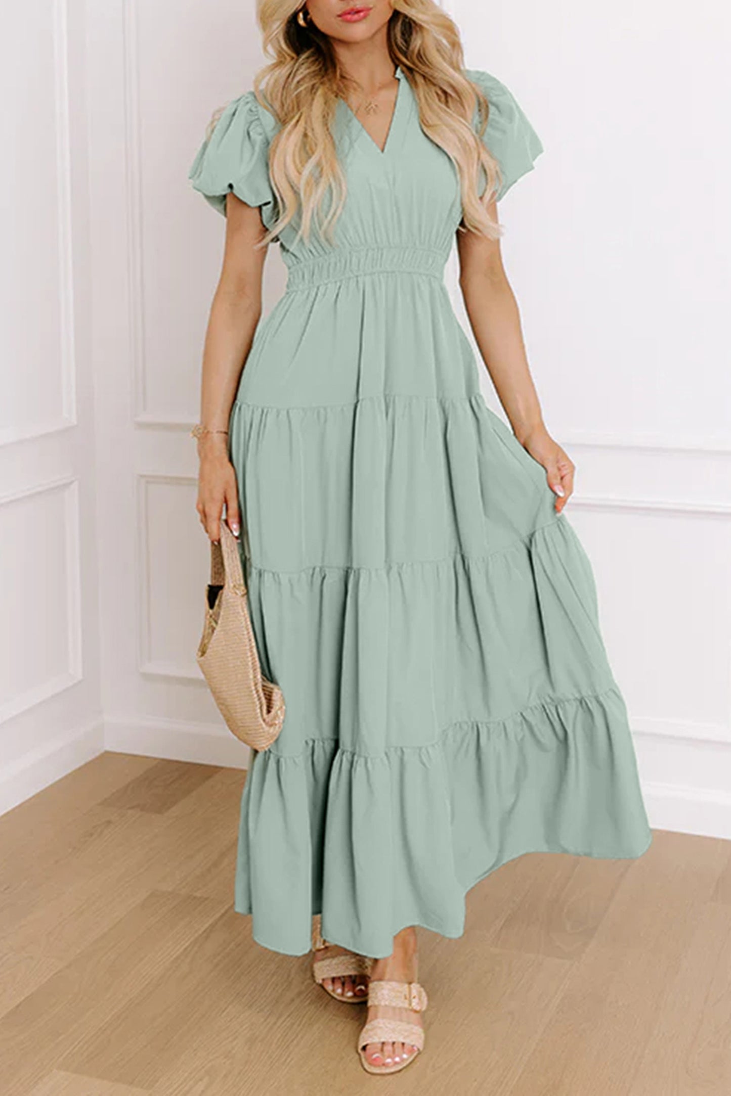 Lavendula Solid Color V Neck Short Puff Sleeve High Waist Tiered Maxi Dress