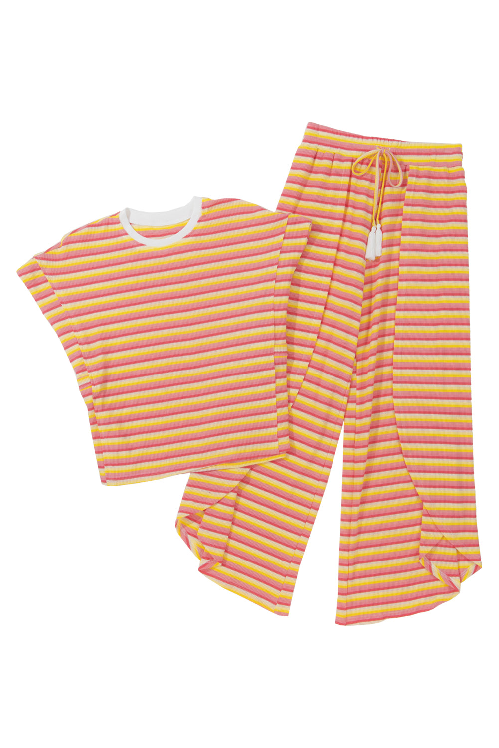 Pink Stripe Rainbow Tee and Tassel Drawstring Wide Leg Pants Set