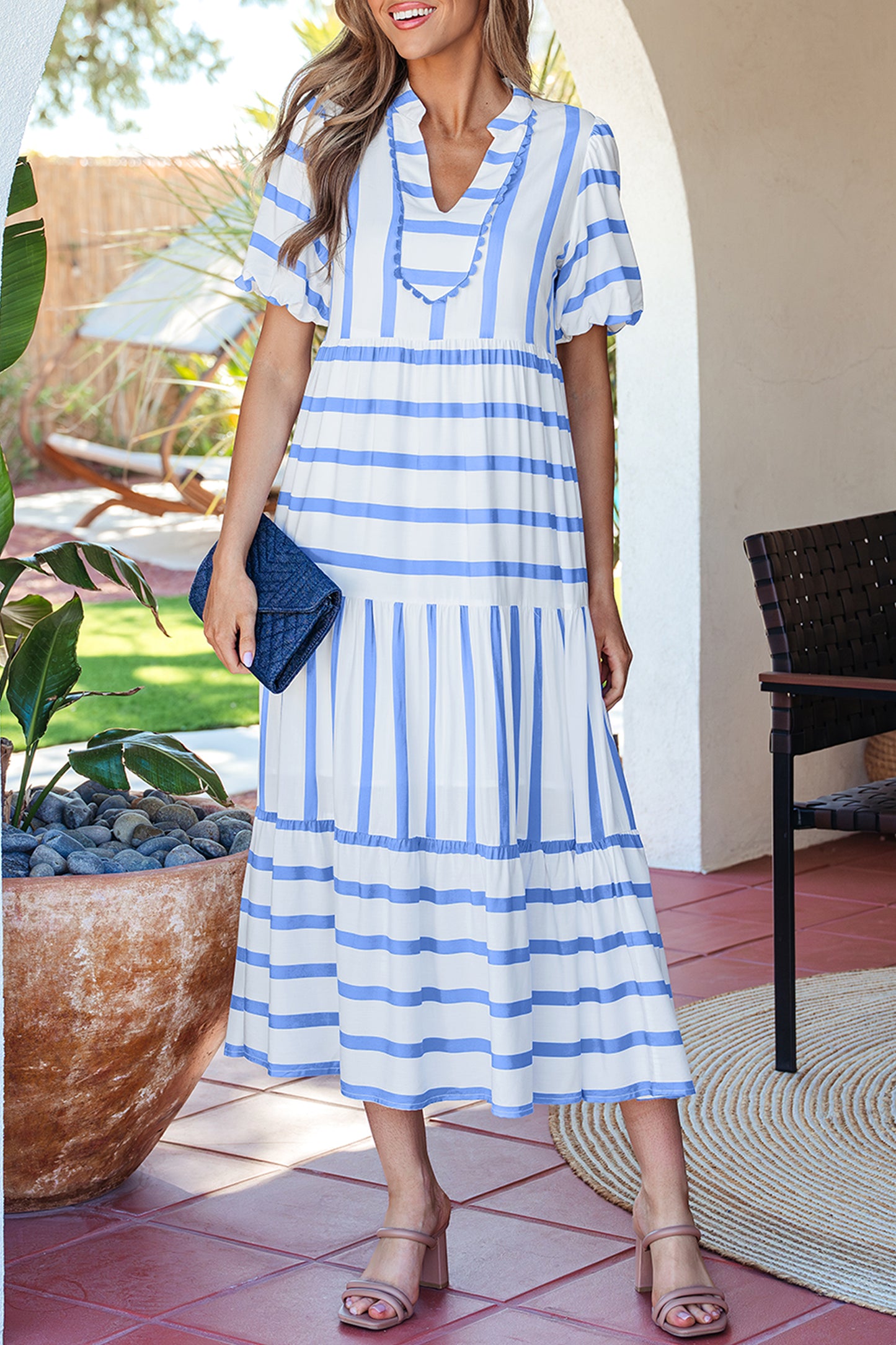Green Stripe Ricrac Trim Notched Neck Half Sleeve Vacation Dress