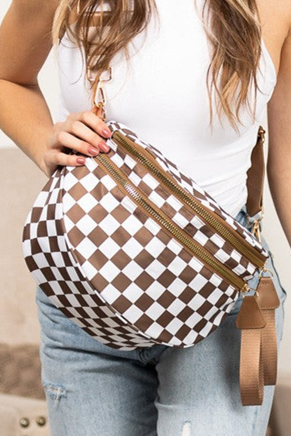 Black Checkered Print Wide Strap Large Crossbody Bag