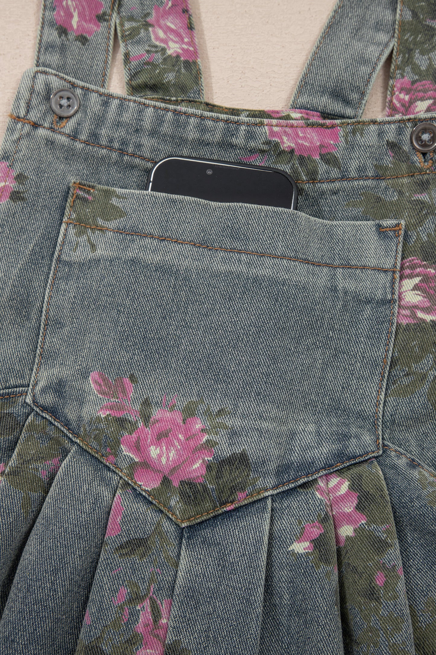 Blue Beau Floral Print Pleated High Waist Wide Leg Denim Jumpsuit