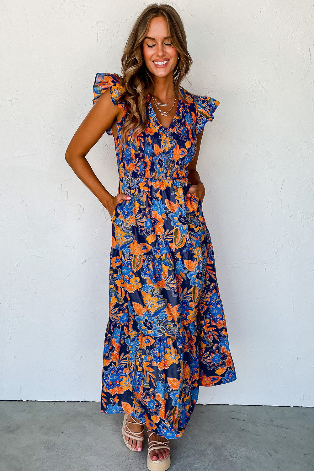 Dark Blue Boho Floral V Neck Ruffle Tiered Long Dress